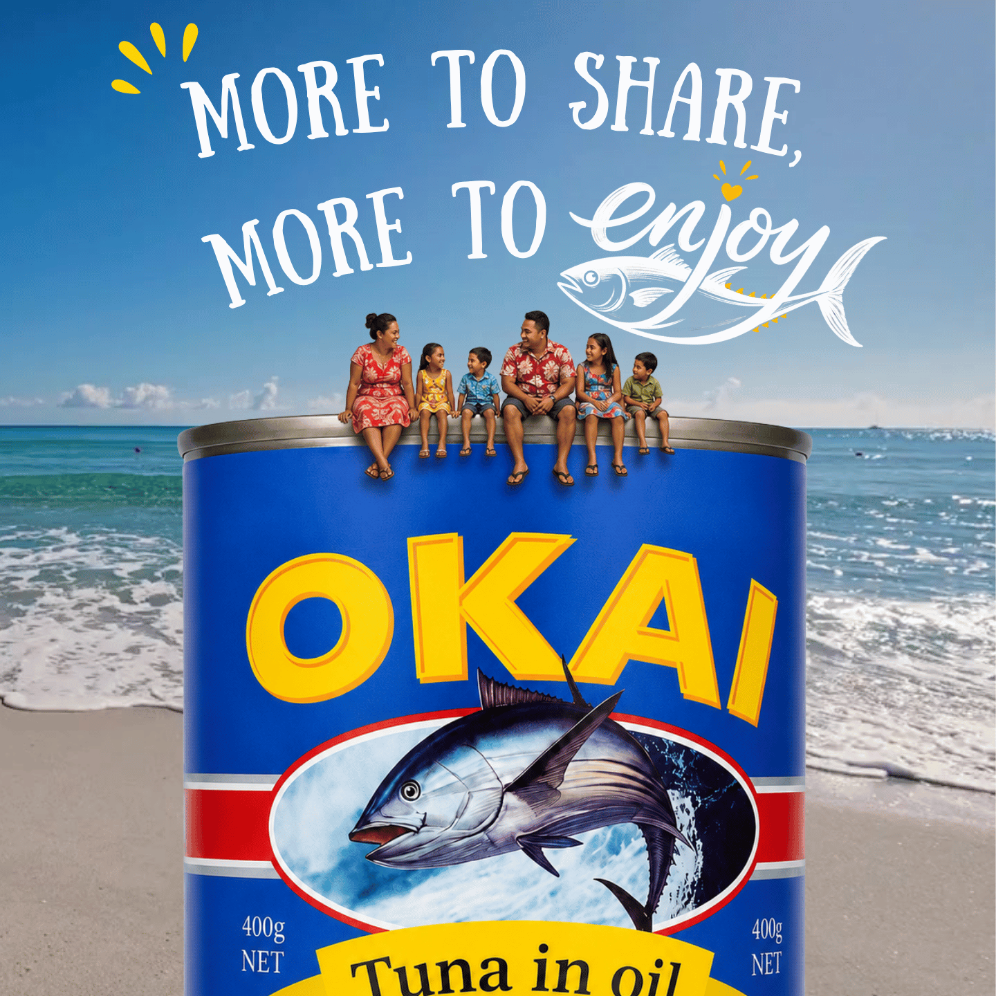 OKAI Tuna in Oil family hero artwork by the beach